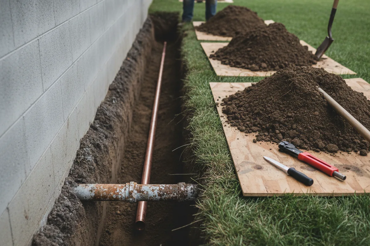 Excavated water line trench during Sewer Line Repair in Latrobe